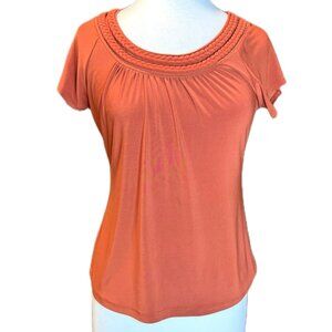 Suzi in the City Orang Blouse Flowy Short Sleeve Top Ruching Round Neck Small